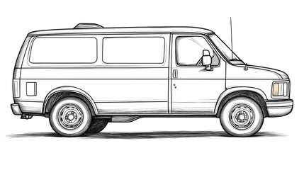 Monochrome Outline Drawing of Minivan for Kids Coloring and Education