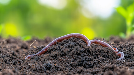 Earthworms wriggling through rich compost soil in a garden