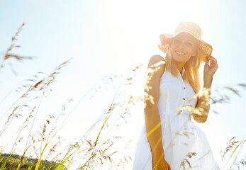 Fashion, portrait and smile of woman in nature for biodegradable, organic or sustainable clothing....