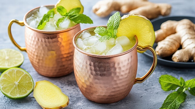 Refreshing non alcoholic mule in copper mugs with mint and ginger