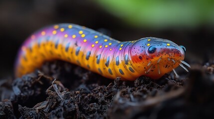 close-up of a colorful earthworm in rich, moist soil with tiny roots and organic matter