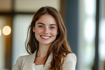 Fototapeta premium woman with long brown hair and a white jacket is smiling. She is wearing a white shirt and a white jacket