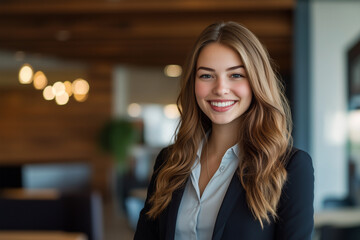 Fototapeta premium woman in a business suit is smiling and posing for a photo. Concept of professionalism and confidence, as the woman is dressed in a suit and tie and he is in a corporate setting