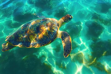 Fototapeta premium Turtle shell patterns submerged in a crystal-clear ocean, where the intricate designs blend with the colorful coral reefs, creating an underwater mosaic