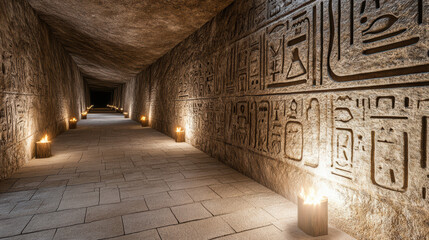 mysterious underground catacomb with ancient hieroglyphs and glowing candles