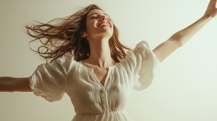 Fototapeta premium celebrating woman portrait, authentic happiness moment, soft brown waves, clean white attire, natural studio backdrop, dynamic pose, cheerful expression, professional lighting, emotional capture