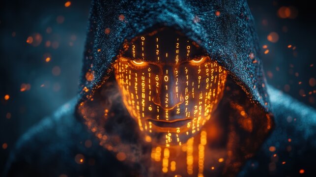 Mysterious Hooded Figure with Glowing Binary Code Face Futuristic Cyberpunk Portrait