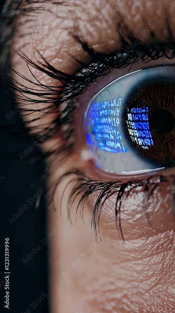 Aufkleber Enlarged shot of the pupil with flickering blue and yellow binary code mirrored on its surface.
