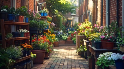 Naklejka premium enchanting street scene, potted flower collections, wooden display shelves, historic brick buildings, garden lined walkway, morning sunbeams, urban landscaping, peaceful city atmosphere, soft focus