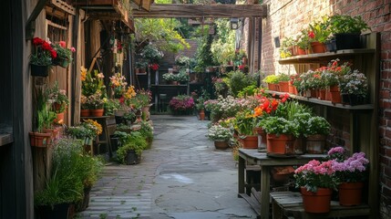 Naklejka premium blooming urban pathway, flower shop displays, rustic wooden shelves, historic brick walls, garden district charm, soft sunlight filtering, cobblestone street, peaceful city walk, natural garden scene