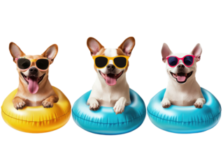  Set of smiling dog wearing sunglasses isolated on white background