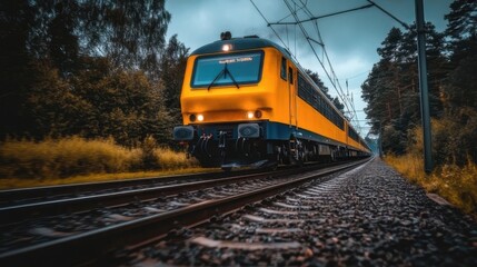 Bright yellow train speeding along tracks in a scenic forest landscape during overcast weather
