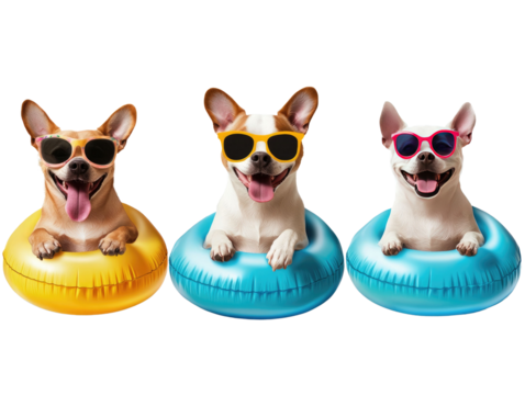  Set of smiling dog wearing sunglasses isolated on white background