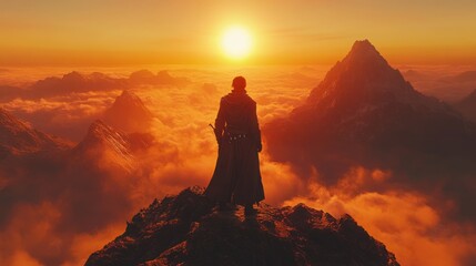 Obraz premium Majestic Sunset Lone Figure on Mountain Peak Above Cloudscape