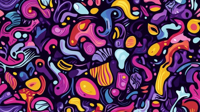 cheerful abstract pattern, bright doodle elements, organic shape composition, bold color scheme, purple base, playful design style, flowing geometric forms, modern illustration art, whimsical motifs
