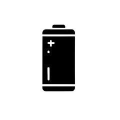 Battery Icon: Simple black silhouette icon of a battery, representing power, energy storage, and technology.  Ideal for user interfaces, presentations, or educational materials. 