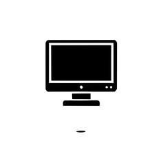 Desktop Monitor Icon: A simple, bold black silhouette of a desktop monitor with a flat screen and base, isolated on a white background. This minimalist icon is perfect for presentations.