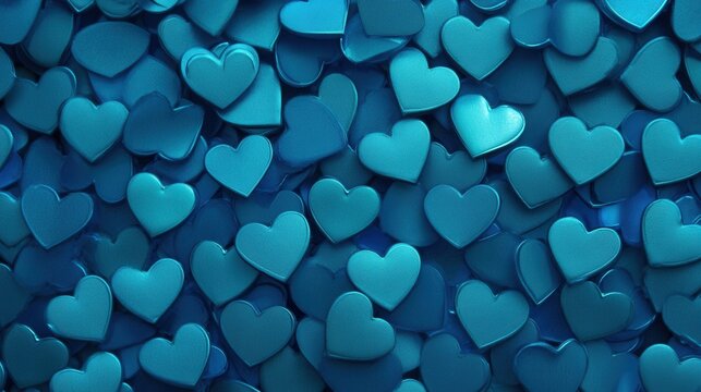 Cyan Hearts Arrangement, Diagonal alignment of varying sized cyan hearts on a transparent background, digital design element for creative projects