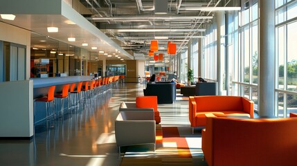 Fototapeta premium Modern Office Lobby With Orange Seating And Large Windows