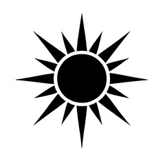 Sun Silhouette Icon:  A simple yet powerful black silhouette of the sun with sharp, angular rays, symbolizing energy, warmth, and light. Perfect for branding, design, and more. 