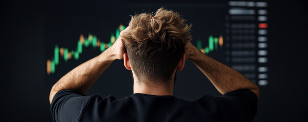 businessman frustrate for surround concept. Man with hands on head, observing fluctuating financial graphs on a screen.