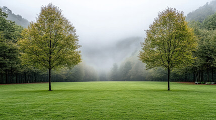 Obraz premium Lush green field with two trees under foggy sky, creating serene atmosphere