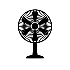 Black and White Fan Icon: Simple black and white illustration of a desk fan with a stand, perfect for depicting refreshing air or cooling in a minimalist design.