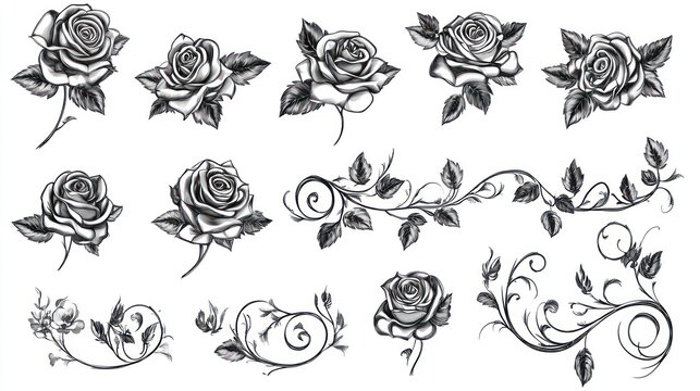 Monochrome rose collection; floral design elements; white background; tattoo, design resource