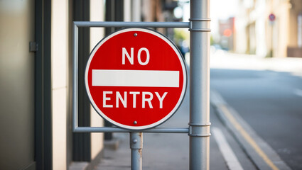 a 'No Entry' traffic sign. The sign is circular with a bold red border and a white horizontal bar across the center. The background features a slightly blurred urban street in the distance.