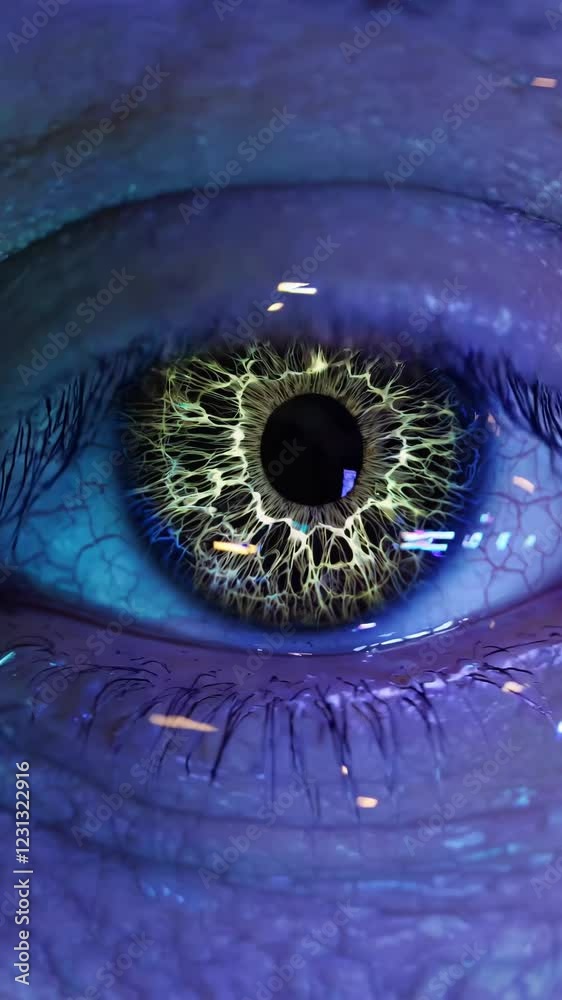 Poster futuristic depiction of an eye covered by a translucent layer of moving blue and yellow code, over r
