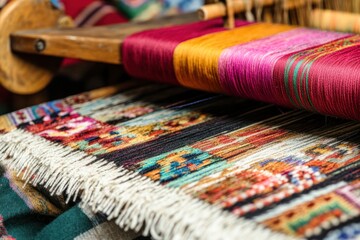 Loom Weaving with Bright Colored Yarn and Finished Fabric