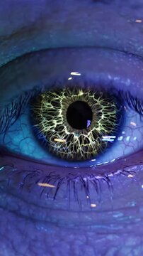 Futuristic depiction of an eye covered by a translucent layer of moving blue and yellow code, over realistic iris details.
