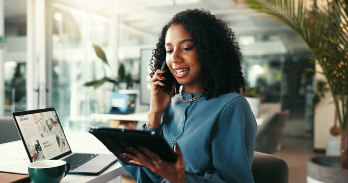 Business woman, designer and phone call with tablet for online communication or tech support at office. Female person, employee or consultant talking on mobile smartphone with technology at workplace