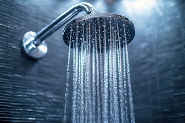 Modern Showerhead with Water Droplets Splashing Behind Wet Glass in Serene Bathroom Setting