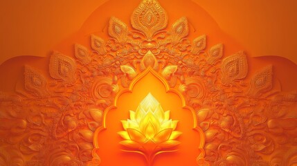 ceremonial lamp design, traditional arch pattern, gradient orange glow, golden ornate details, illuminated diya display, lotus flower elements, spiritual festival artwork, cultural celebration style