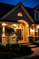 Enthralling Night View of a Brick House with Warm Lighting and Landscaping