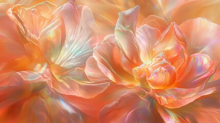 Obraz premium ethereal rose macro, peach and opal tones, prismatic petal edges, magical light effects, soft bokeh atmosphere, iridescent flower detail, delicate rainbow highlights, dreamy floral photography