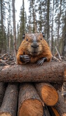 Happy beaver giving a thumbs up, perched on a stack of logs in a forest.