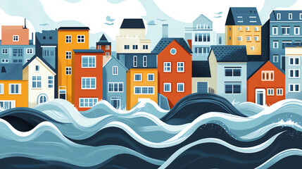 Coastal cities face challenges from rising sea levels, depicted through colorful buildings and turbulent waves. This illustration captures urgency of climate change