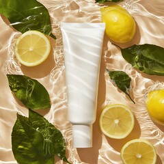 A cosmetics mockup. Natural cosmetics, minimalism, on the water, lemon, Leaves