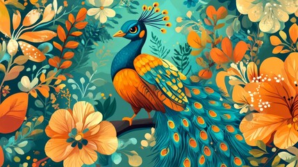 whimsical peacock design, elaborate floral background, turquoise and orange color scheme, stylized bird portrait, detailed plumage artwork, ornamental garden illustration, folk art style, magical