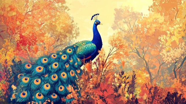 colorful peacock painting, ornamental garden setting, detailed bird illustration, rich autumn colors, stylized feather patterns, folk art composition, magical flora design, decorative nature artwork
