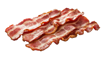Slices of fresh fried bacon isolated on white background.
