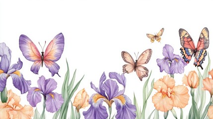 elegant butterfly border, purple iris flowers, monarch and morpho wings, soft peach blooms, clean white background, garden inspired design, floating insect details, spring floral composition