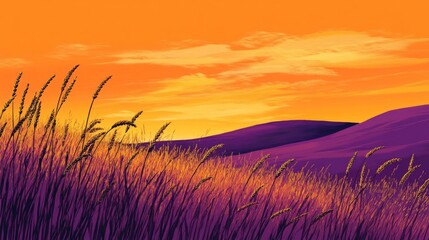 Obraz premium sunset wheat field landscape, golden hour glow, wispy cloud formations, rolling purple hills, orange sky gradient, silhouetted grain stalks, tranquil rural scene, soft pastel horizon