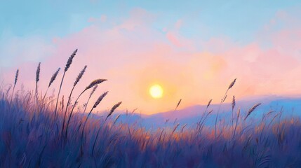 Fototapeta premium pastoral sunset scene, amber wheat stalks, pink and blue sky gradient, gentle rolling hills, rising golden sun, peaceful rural landscape, wispy cloud details, soft evening atmosphere