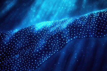 Whale shark skin with abstract underwater light effects, where the dark, spotted patterns blend with the deep blue hues of the ocean, creating a mesmerizing underwater vista