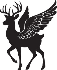 A black vector silhouette of a Christmas deer with angel wings isolated on a white background, illustration of a deer