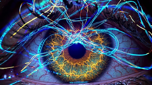 Detailed of an iris overlaid with lines of blue and gold code, conveying a futuristic atmosphere.
