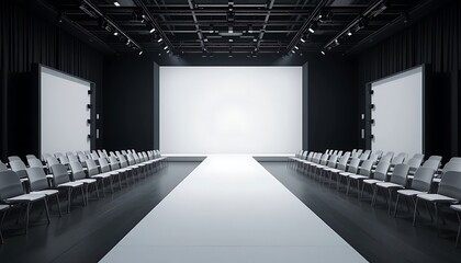 Empty Fashion Show Runway with Rows of Chairs and Spotlights, Modern Minimalist Design, Elegant Event Space, White Backdrop, Dark Floor
